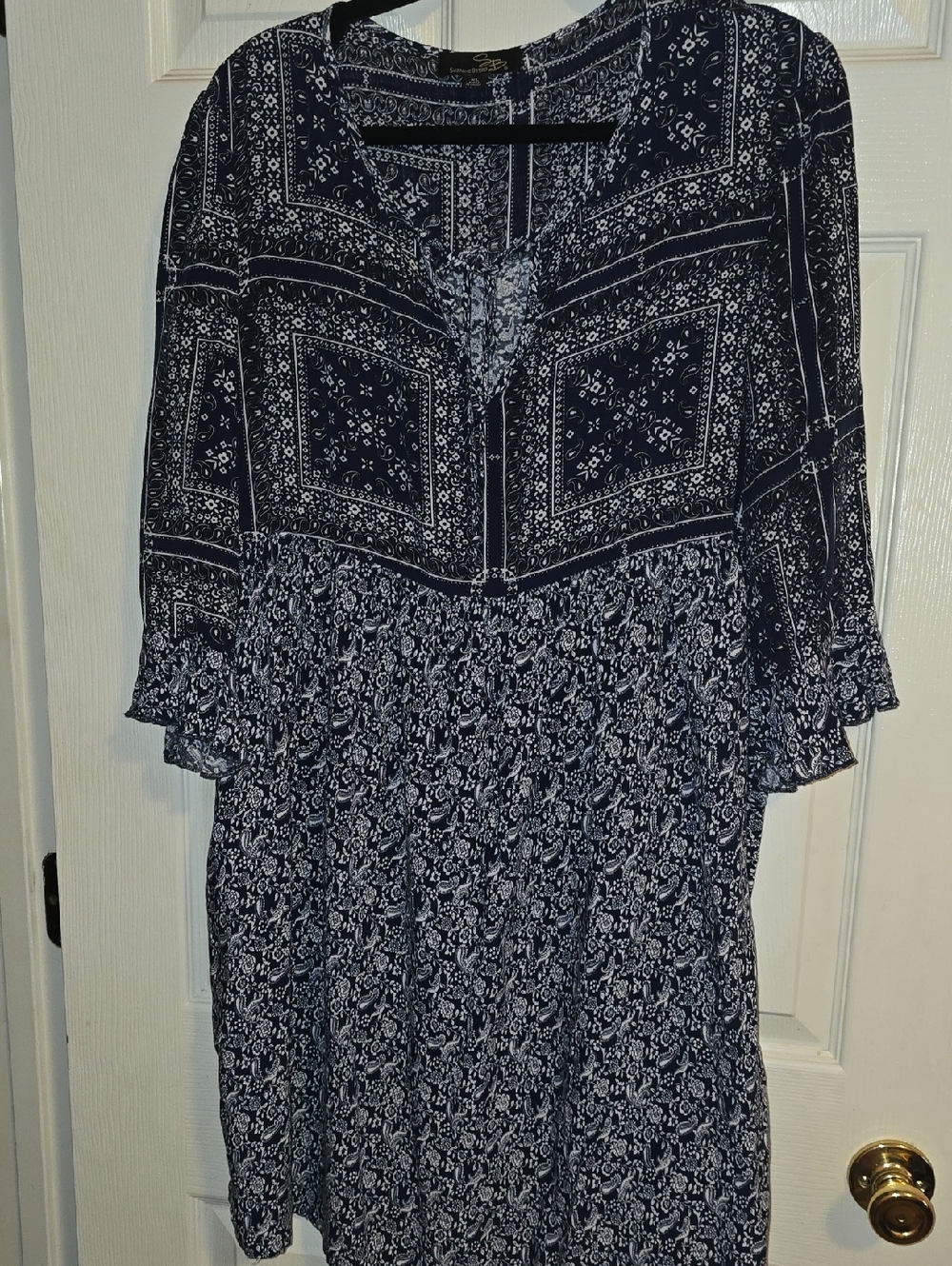Suzanne Betro‎ Navy and White Printed Midi Dress